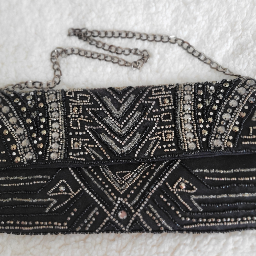 Chico's Black Beaded Clutch Evening Bag Art Deco Style Shoulder Purse, Chain.